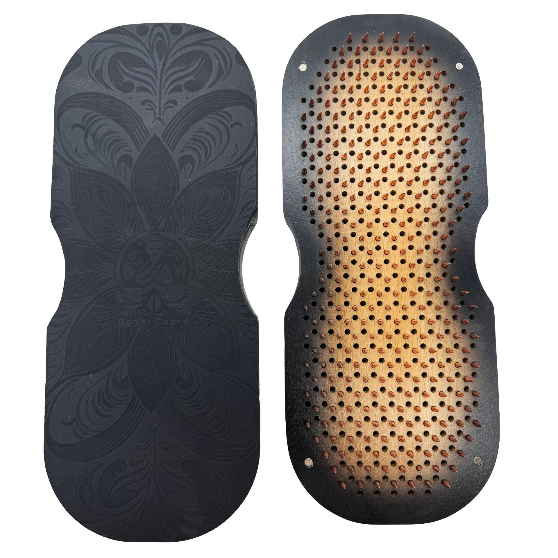 Nahaufnahme der Kupfernägel des Bodhi Board Sadhu Boards Black Edition aus Buchenholz
