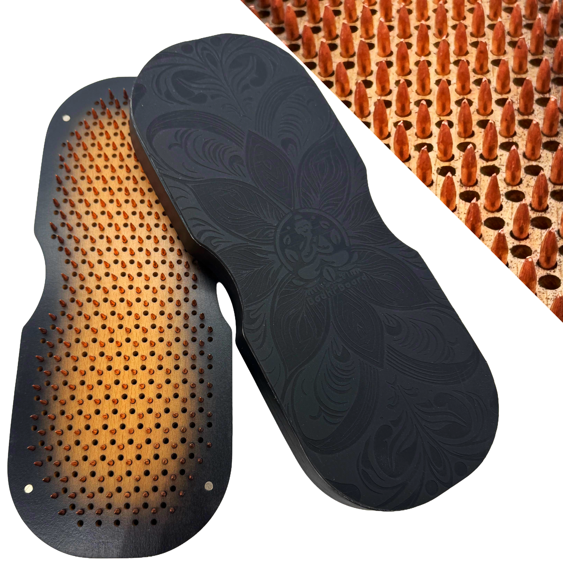 Sadhu Board Black Edition mit galvanisch verkupferten Kupfernägeln – Bodhi Board Nagelbrett für Füße